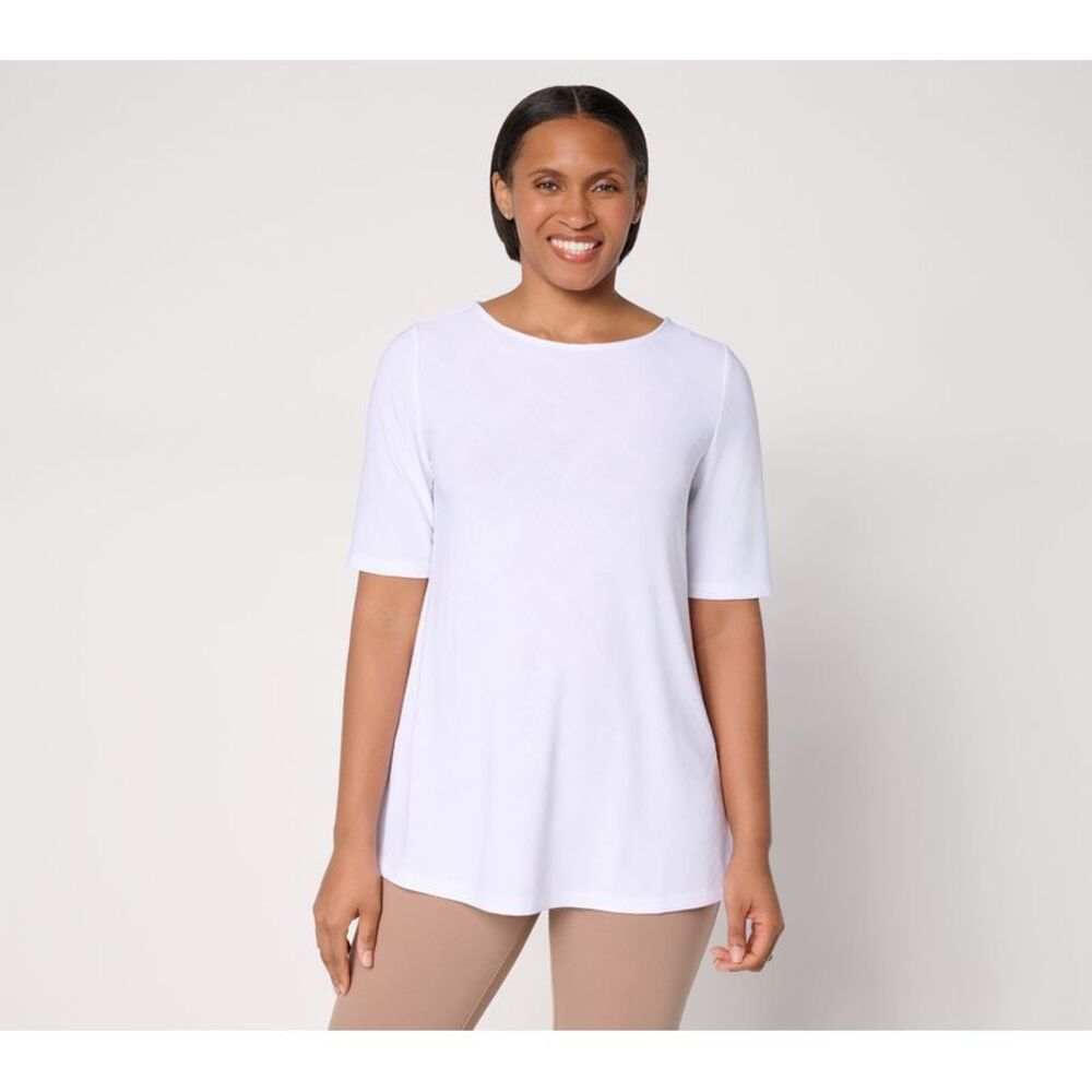 Susan Graver Women's Top Sz S Jacquard Liquid Knit Elbow Slv A-Line White